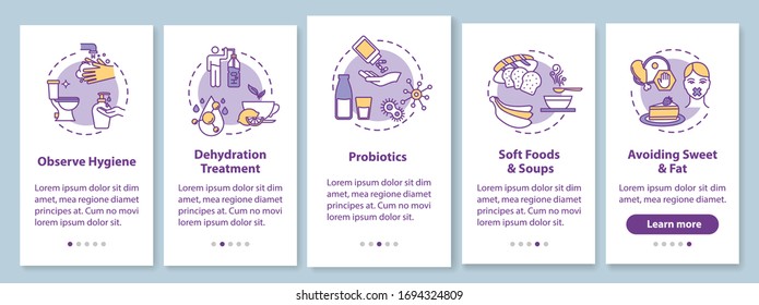 Rotavirus treatment onboarding mobile app page screen with concepts. Food poisoning and infection prevention walkthrough 5 steps graphic instructions. UI vector template with RGB color illustrations