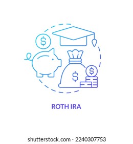 Roth IRA blauer Farbverlauf-Symbol. Die Bildungskosten bezahlen. Account-Typ für die Einsparungen am College abstrakte Idee dünne Linie Illustration. Einzeln Umrisszeichnung. Myriad Pro-Fett-Schriftart verwendet