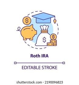 Roth IRA Concept Icon. Bildungskosten. Account-Typ für die Einsparungen am College abstrakte Idee dünne Linie Illustration. Einzeln Umrisszeichnung. Bearbeitbarer Strich. Arial, Myriad Pro Fett Schriftarten verwendet