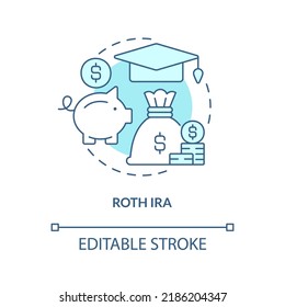 Roth IRA turquoise concept icon. Education expenses. Account for college savings abstract idea thin line illustration. Isolated outline drawing. Editable stroke. Arial, Myriad Pro-Bold fonts used