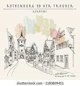 Rothenburg, Germany, Europe. Vector illustration of old center. Walking street, old houses, historic gate. Historical buildings. Sketchy line art drawing. Postcard template