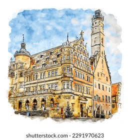 Rothenburg Germany Watercolor sketch hand drawn illustration  graphic vector print for t shirt   background print design 