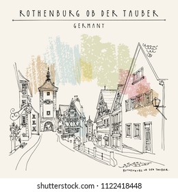 Rothenburg ob der Tauber, Germany, Europe. Romantic city old town. Travel sketch. Vintage hand drawn postcard. Vector illustration