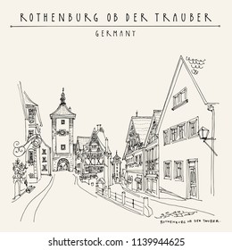 Rothenburg ob der Tauber, Germany, Europe. Romantic city old town. Travel sketch. Vintage hand drawn postcard. Vector illustration