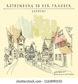 Rothenburg ob der Tauber, Germany, Europe. Romantic city old town. Travel sketch. Vintage hand drawn postcard. Vector illustration