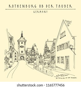 Rothenburg ob der Tauber, Germany, Europe. Romantic city old town. Travel sketch. Vintage hand drawn postcard. Vector illustration