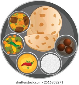 Roti, Boi, Sabji, Dal Tadka, Rice e Gulab Jamun. Ilustração Vetorial de Vista Superior de Thali para Comida Indiana. Estilo plano minimalista 