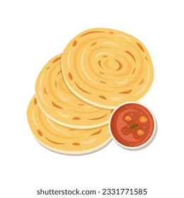 Roti canai (roti cane) or roti parotta, an Indian flatbread illustration