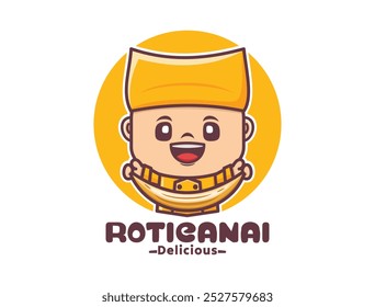 Design de mascote de desenhos animados roti canai chef em uniforme amarelo, ilustração vetorial em estilo de contorno.