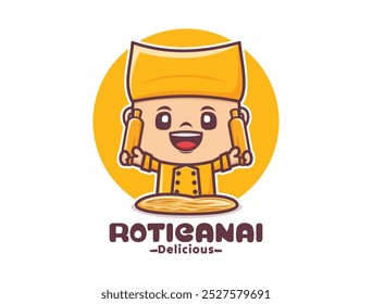 Design de mascote de desenhos animados roti canai chef em uniforme amarelo, ilustração vetorial em estilo de contorno.