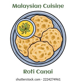 Roti Canai. A form of puffed bread served hot with curry or dhal. Malaysian Cuisine.