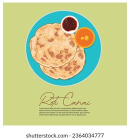 Roti canai, also known as roti cane or roti parotta, is an Indian-influenced flatbread dish found in several countries in Asia. vector illustration