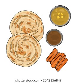 Roti canai o paratha comida tradicional india, pan plano, Ilustración vectorial de parotta en blanco 