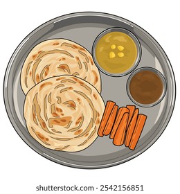 Roti canai o paratha comida tradicional india, pan plano, Ilustración vectorial de parotta