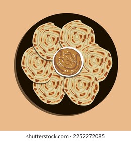 Roti Parata or Roti canai with lamb curry sauce - popular Malaysian breakfast. Food illustration, food cartoon.