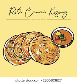 Roti Parata or Roti canai(flat bread) with lamb curry sauce - popular Malaysian breakfast, vector illustration.