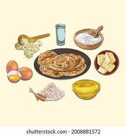 Roti Prata And Ingredients Illustration, Sketch And Vector Style, Traditional Food From Aceh, Good to use for restaurant menu, Indonesian food recipe book, and food content.