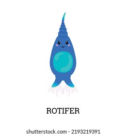 Rotifer sea plankton cartoon character of microorganism or microscopic animal, flat vector illustration isolated on white background. Rotifer crustacean of the marine.