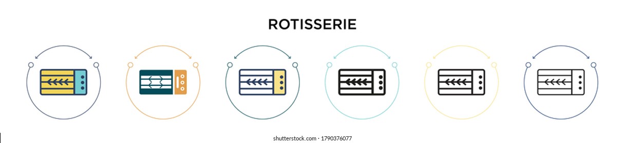 Rotisserie icon in filled, thin line, outline and stroke style. Vector illustration of two colored and black rotisserie vector icons designs can be used for mobile, ui, web