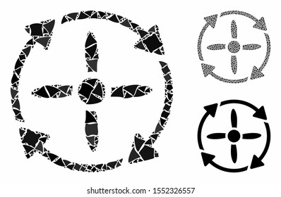 Rotor composition of humpy items in variable sizes and color tints, based on rotor icon. Vector rough items are grouped into illustration. Rotor icons collage with dotted pattern.