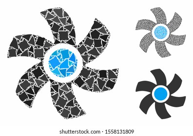 Rotor composition of tuberous pieces in various sizes and color tones, based on rotor icon. Vector irregular pieces are composed into collage. Rotor icons collage with dotted pattern.