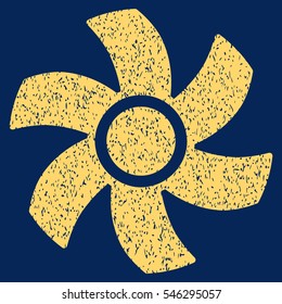 Rotor grainy textured icon for overlay watermark stamps. Flat symbol with dust texture. Dotted vector yellow ink rubber seal stamp with grunge design on a blue background.