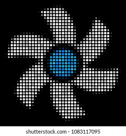 Rotor halftone vector icon. Illustration style is dotted iconic rotor symbol on a black background. Halftone pattern is constructed with round items.