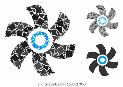 Rotor mosaic of bumpy parts in different sizes and color tints, based on rotor icon. Vector humpy pieces are organized into mosaic. Rotor icons collage with dotted pattern.