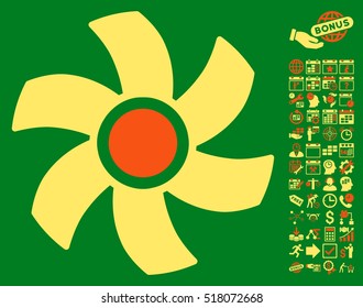Rotor pictograph with bonus calendar and time service symbols. Vector illustration style is flat iconic symbols, orange and yellow colors, green background.