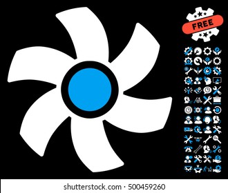 Rotor pictograph with bonus setup tools pictograph collection. Vector illustration style is flat iconic symbols, blue and white colors, black background.