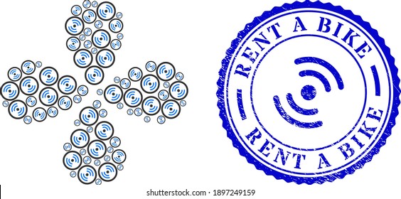 Rotor rotation explosion fireworks, and blue round RENT A BIKE corroded badge with icon inside. Object flower with 4 petals composed from oriented rotor rotation items.