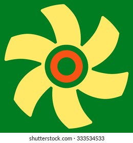 Rotor vector icon. Style is bicolor flat symbol, orange and yellow colors, rounded angles, green background.