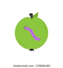 Rotten apple round vector illustration icon. Scary, spooky halloween circle green apple with worm in it. Isolated.