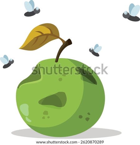 
Rotten Apple Surrounded by Flies Vector Cartoon Illustration. Rotting damaged fruit eaten by insects 