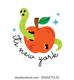 Rotten apple worm with its new york typography, flat sticker 