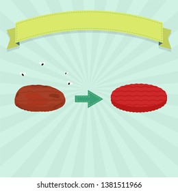 Rotten burger meat with flies and fresh burger meat. Blank ribbon for insert text.