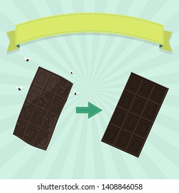 Rotten chocolate bar with flies and fresh chocolate bar. Blank ribbon for insert text.