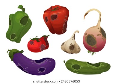 Rotten danger vegetables with rot and mold. Cartoon vector illustration set of dirty spoiled products for compost or recycle concept. Bad damaged unhealthy moldy meal contaminated with fungal spots.