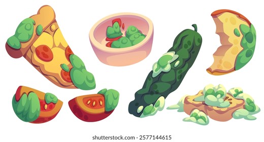 Rotten food collection with moldy pizza slice, spoiled tomato halves, sauce covered in fungus, decaying cucumber, bitten apple with green decomposition spots. Cartoon deteriorated meal items.