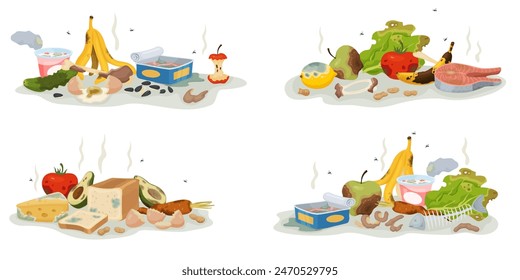 Rotten food compositions. Organic waste with unpleasant smells. Expired meal. Spoiled vegetables and fruits heap. Biodegradable recycle garbage. Perishable products