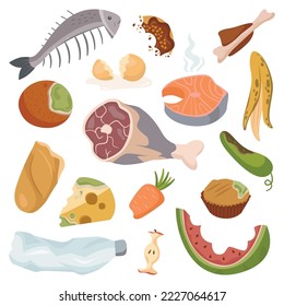 Rotten food flat icons set. Unhealthy junk dishes with mould. Spoiled salmon, cheese, bread, watermelon. Compost of banana peels, bones, carrot and doughnut. Garbage. Color isolated illustrations