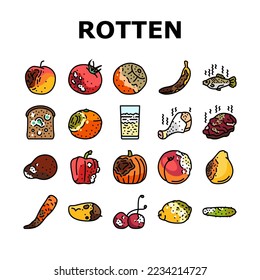 rotten food fruit waste garbage icons set vector. organic green, mold bad, nature rot, trash dirty, compost spoiled, damaged vegetable rotten food fruit waste garbage color line illustrations