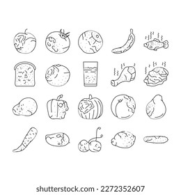 rotten food fruit waste garbage icons set vector. organic green, mold bad, nature rot, trash dirty, compost spoiled, damaged vegetable rotten food fruit waste garbage black contour illustrations