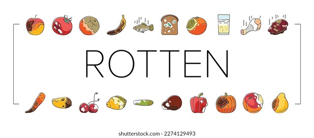 rotten food fruit waste garbage icons set vector. organic green, mold bad, nature rot, trash dirty, compost spoiled, damaged vegetable rotten food fruit waste garbage color line illustrations