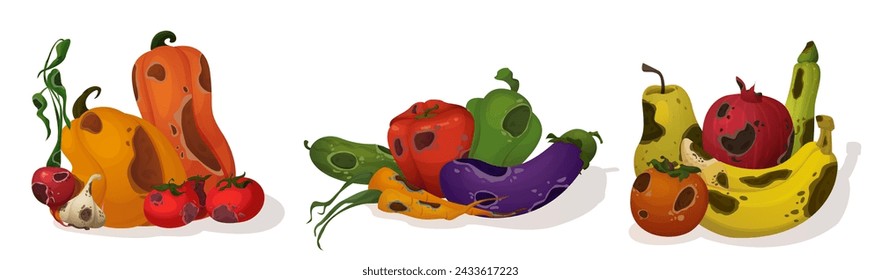 Rotten food isolated on white background. Vector cartoon illustration of waste fruit and vegetable, piles of pumpkin, tomato, bell pepper, carrot, eggplant, banana, pear, orange with brown stains