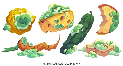 Rotten food with moldy lemon, cheese slice in fungus, decomposed carrot with green spots, spoiled cucumber, apple with decay patches. Set of deteriorated products with various stages of decomposition.