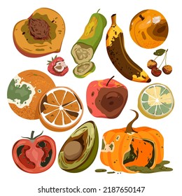 Rotten food product set vector illustration. Cartoon isolated spoiled and damaged fruit and vegetables with rot, danger mold and poisons, moldy expired pieces, slices and whole fruit collection