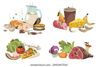 Rotten food scenes. Expired products compositions, moldy vegetables, fruits, meat and milk. Compost materials, decomposing organic matter, cartoon flat style isolated tidy vector set