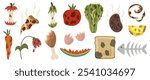 Rotten food set with fruits, vegetables, pizza and more. Expired products with mold. Organic waste collection for infographics. Vector illustration