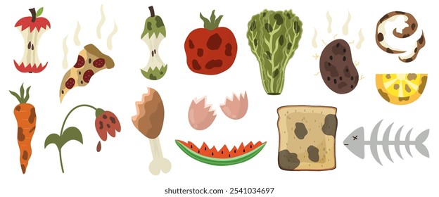 Comida podre com frutas, legumes, pizza e muito mais. Produtos expirados com molde. Recolha de resíduos orgânicos para infográficos. Ilustração vetorial